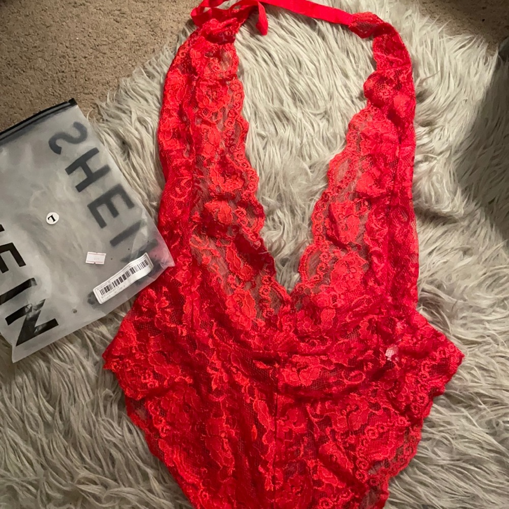 Plunging Floral Trim Lace Teddy Bodysuit